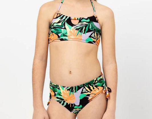 Maillot de bain - M.I.D. deux pièces avec motifs feuillage orange, vert et violet, pour fille, vue de face sur mannequin enfant.