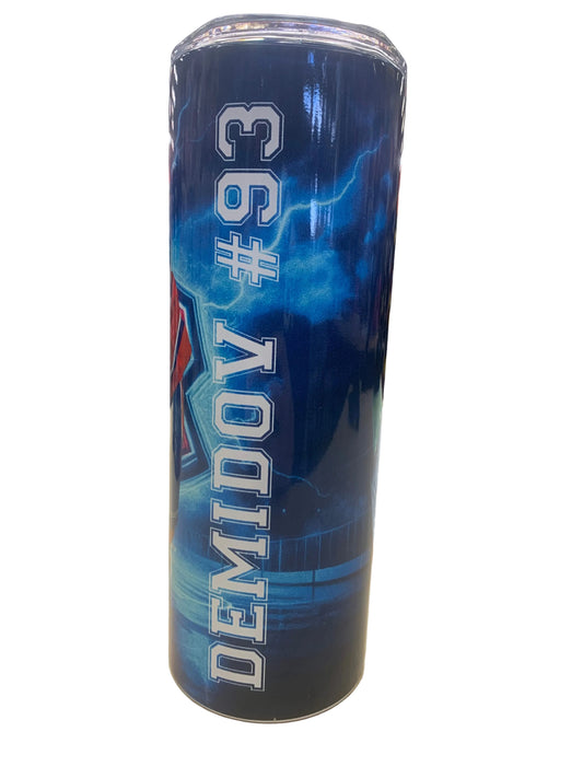 Bouteille isotherme - Demidov bleue et noire avec marquage blanc #93, finition brillante, vue de face.