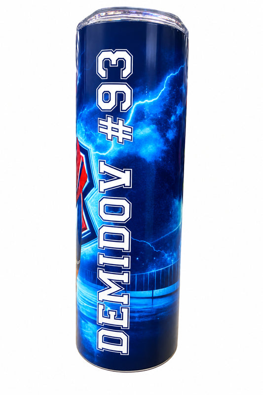 Bouteille isotherme - Demidov bleue et noire avec marquage blanc #93, finition brillante, vue de face.