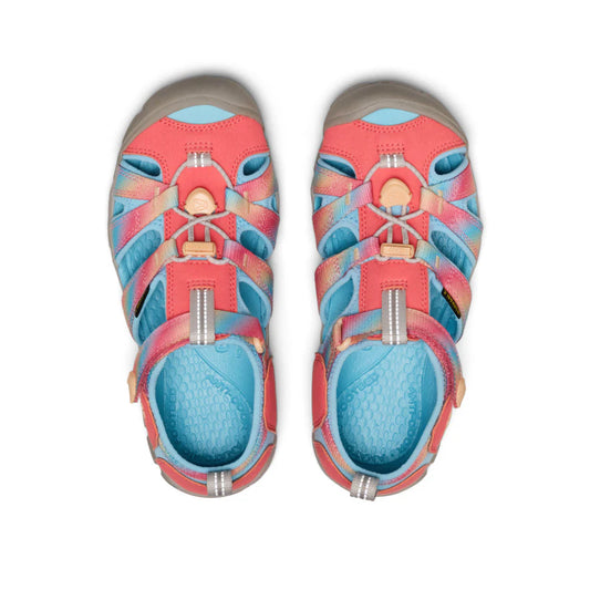 Sandales - Seacamp II Keen corail et bleu avec système tendeur élastique, style sportif pour enfant, vue de dessus.