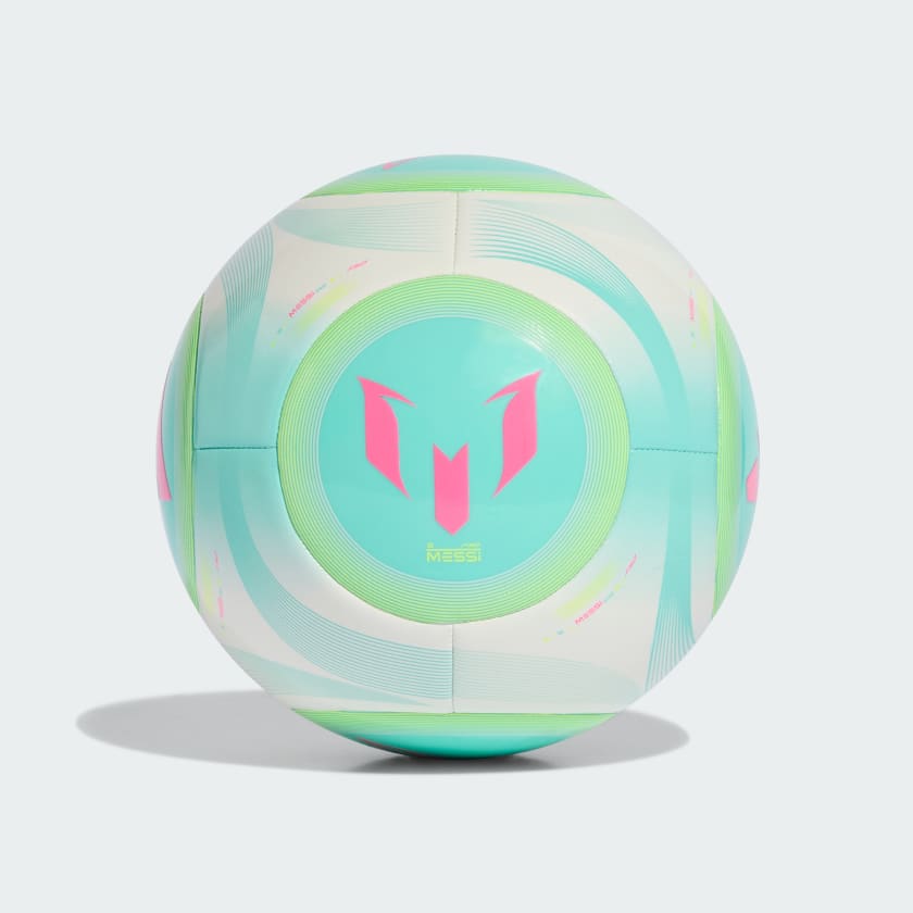 Ballon de soccer Messi Club - Adidas en plastique blanc, vert clair et rose, vue de face sur fond neutre.
