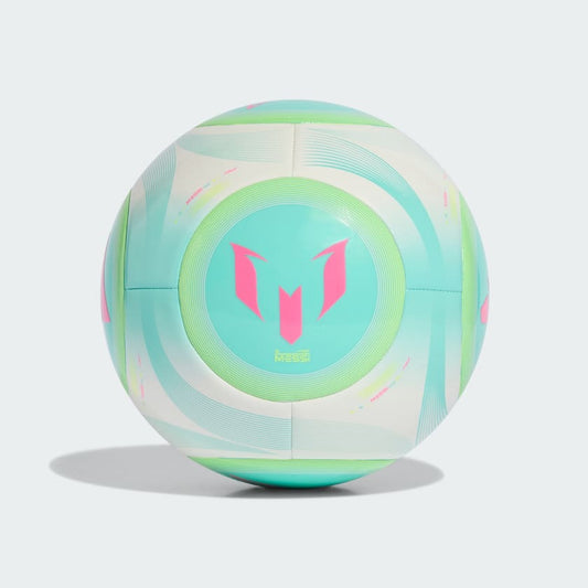 Ballon de soccer Messi Club - Adidas en plastique blanc, vert clair et rose, vue de face sur fond neutre.