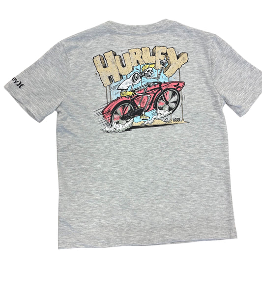T-Shirt - Hurley gris clair en coton polyester, motif coloré arrière avec squelette à vélo, vue de dos.