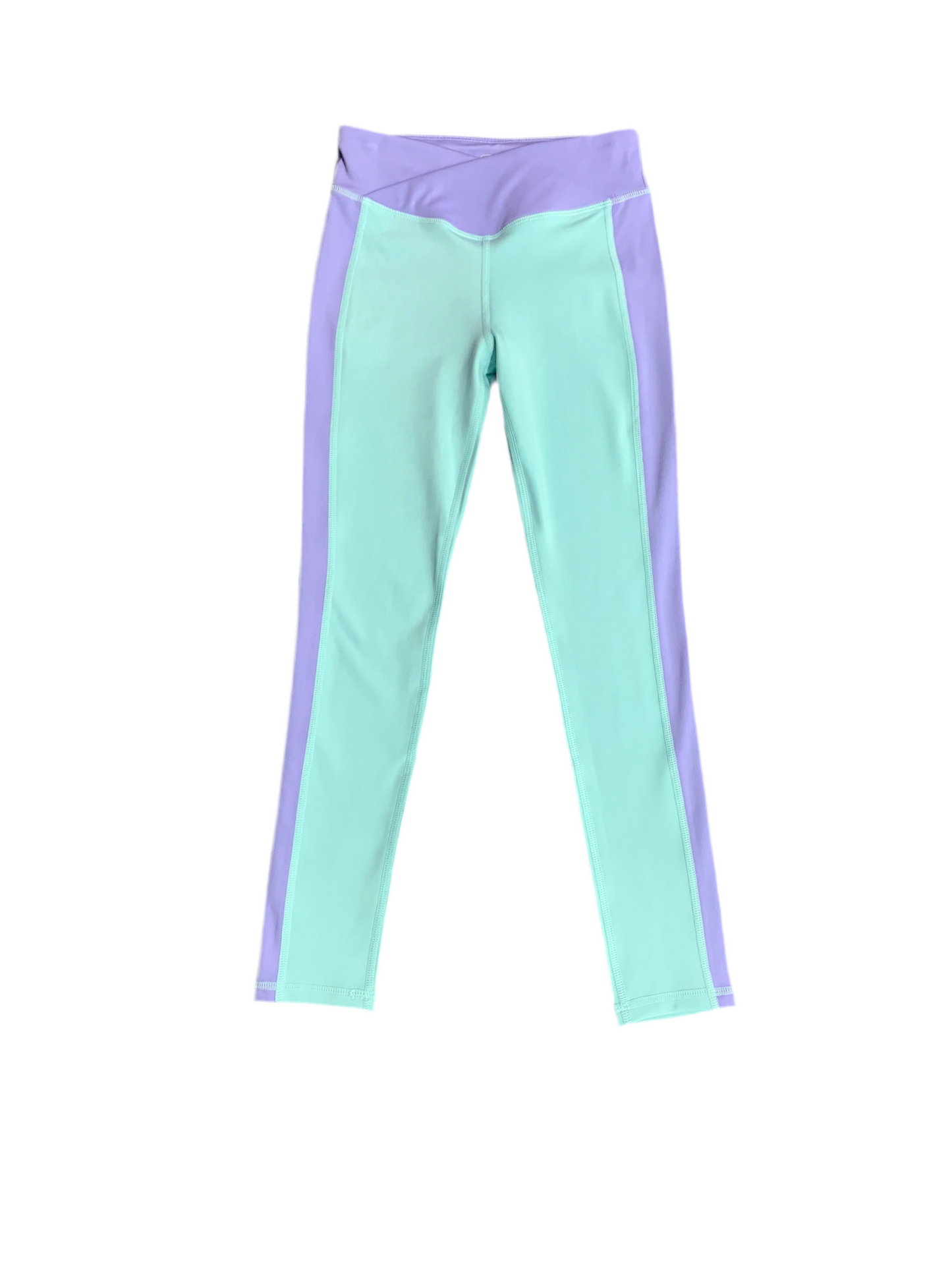 Legging - M.I.D bicolore vert menthe et violet en polyester et elasthane, coupe slim, vue de face, taille adulte.