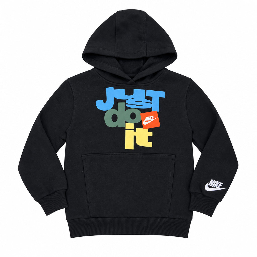 Hoodie - Nike noir à capuche, imprimé graphique multicolore et logo Nike, vue de face pour enfant