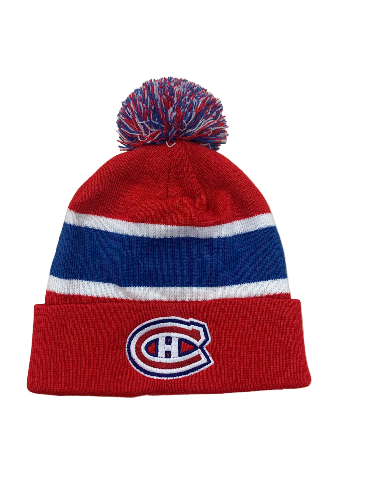 Tuque d'hiver - Canadiens rouge et bleu à rayures blanches avec pompon tricolore et logo des Canadiens vue de face