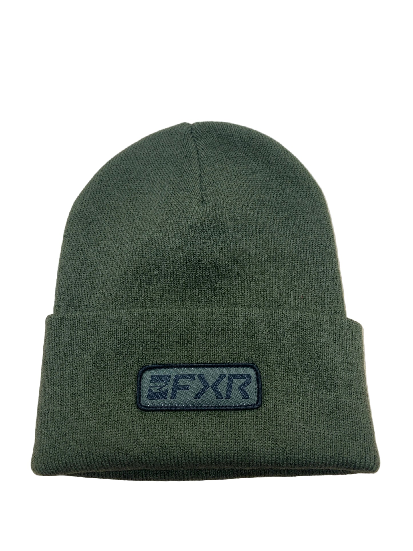 Tuque d'hiver - FXR en tricot vert kaki avec logo FXR noir, style classique à revers, vue de face.