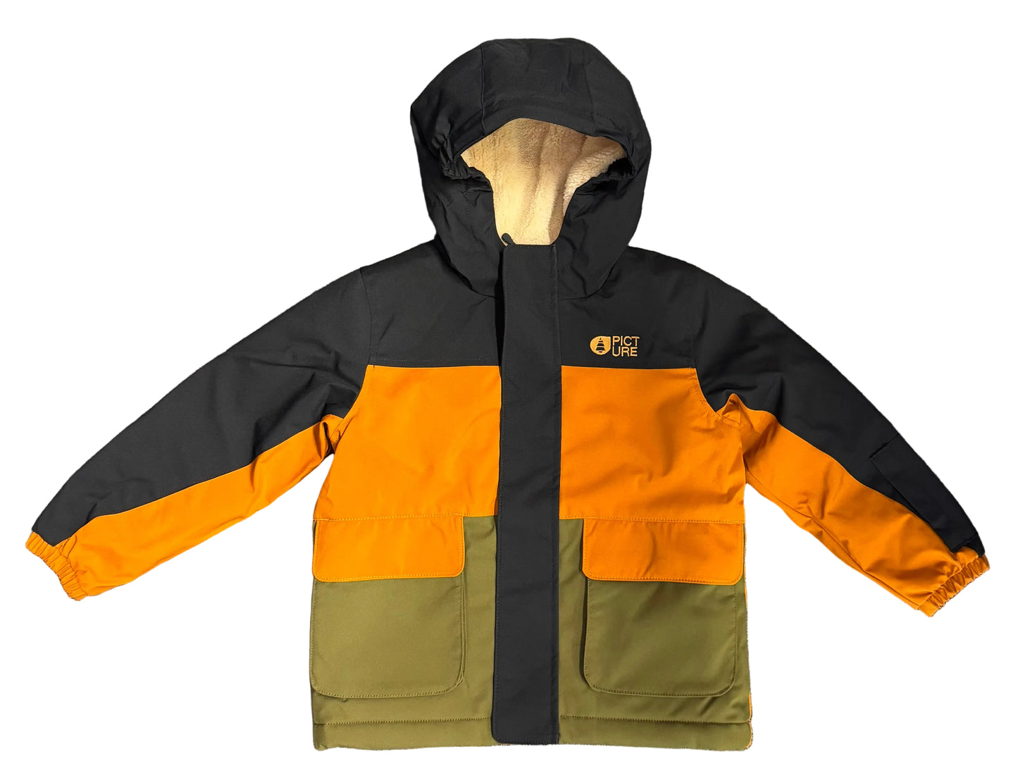 Manteau d'hiver SNOWY - Picture Organic Clothing, coupe droite, couleur noir, orange et kaki, doublure intérieure beige, capuche intégrée, vue de face.
