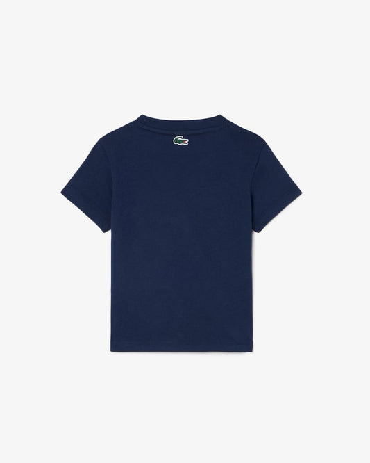 T-Shirt - Lacoste bleu marine en coton, manches courtes, vue de dos avec logo crocodile vert brodé.