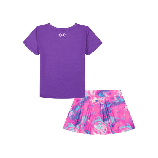 Ensemble Jupe-Short - Under Armour, t-shirt violet et jupe-short multicolore rose bleu, coton polyester, vue de dos, enfant