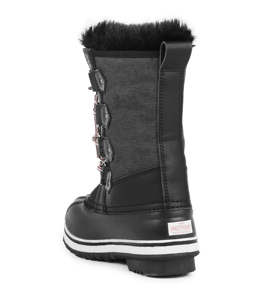 Bottes d'hiver - Acton Cortina noires et gris foncé en cuir synthétique et nylon, fourrure noire, pour fille, vue arrière côté droit.