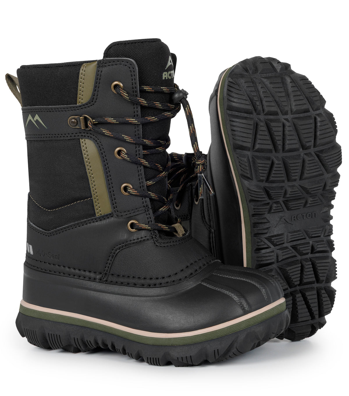 Bottes d'hiver Electro - Acton noires et kaki en cuir synthétique et nylon, semelle antidérapante, vue de face et dessous.