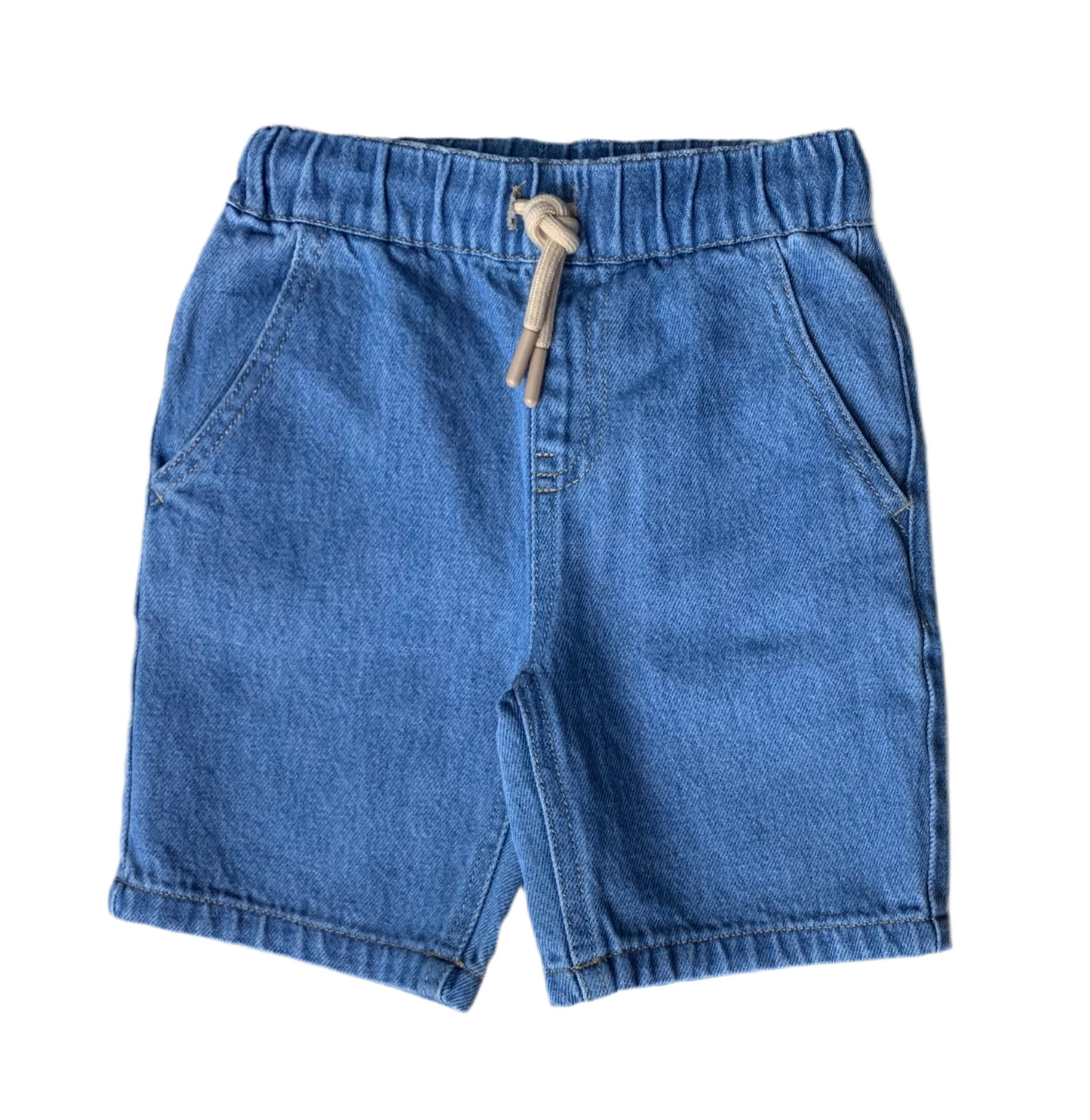 Bermuda - M.I.D bleu en coton avec ceinture élastique et cordon beige, style casual, pour enfant, vue de face.