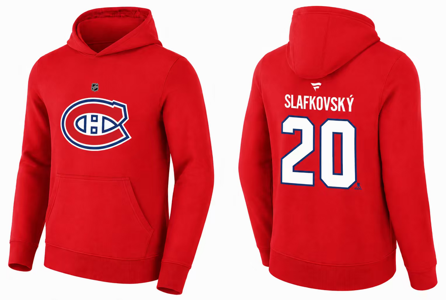 Hoodie Canadiens - Slafkovsky rouge en coton, avec logo de l'équipe sur le devant, nom et numéro 20 imprimés au dos, vue de face et dos.