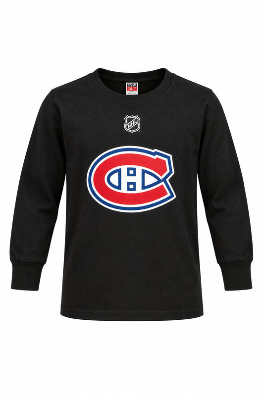Chandail Caufield noir à manches longues avec logo des Canadiens de Montréal sur le devant, vue de face à plat