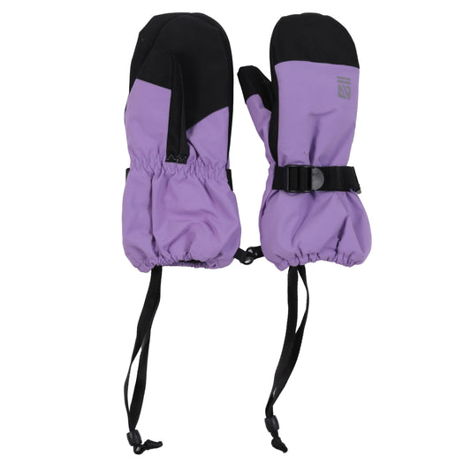Mitaines d'hiver - Nanö en tissu synthétique violet et noir avec dragonnes réglables, pour enfant, vue de face et dos.