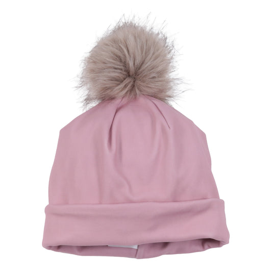 Tuque Mi-Saison - Nanö rose avec pompon en fausse fourrure beige, bonnet léger en tissu doux, pour enfant, vue de face.