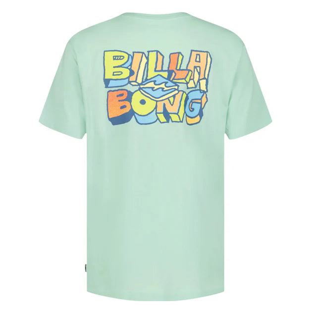 T-Shirt - Billabong vert clair en jersey coton, logo multicolore devant et grand logo dos, vue de face et dos.