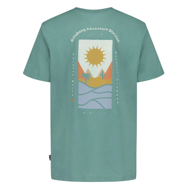 T-Shirt - Billabong vert bleu avec motif soleil et paysage nature orange et bleu, coton, vue de face et dos.