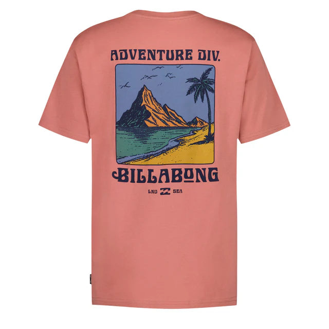 T-Shirt - Billabong en jersey coton rose avec imprimé montagne et plage, vue de face et dos, style décontracté adulte.