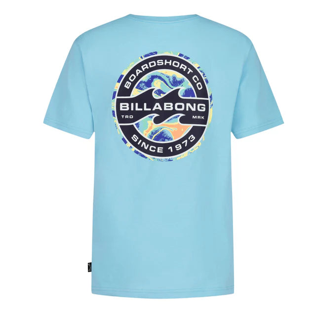 T-Shirt - Billabong bleu clair en jersey coton 100%, logo rond noir et bleu sur poche poitrine vue de face et dos