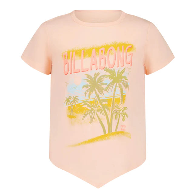 T-Shirt - Billabong pêche en coton avec motifs palmiers et coucher de soleil, vue de face et de dos, style décontracté