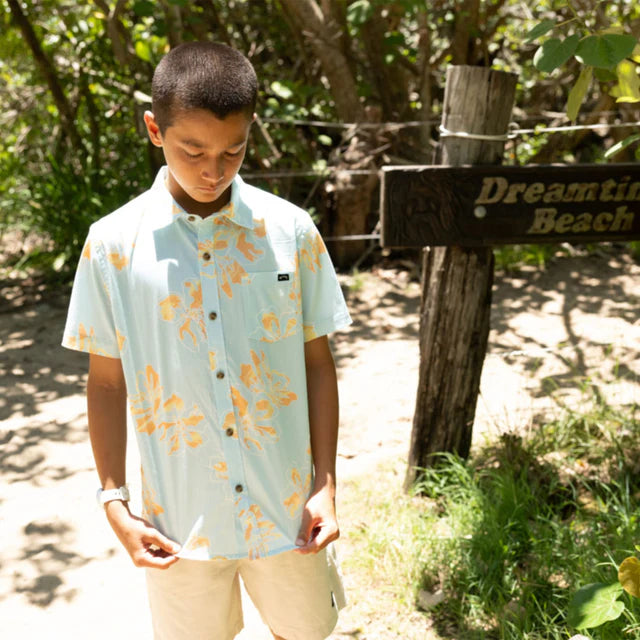 Chemise - Billabong en jersey coton bleu clair à motifs floraux pêche, vue de face et dos, style décontracté homme adulte.