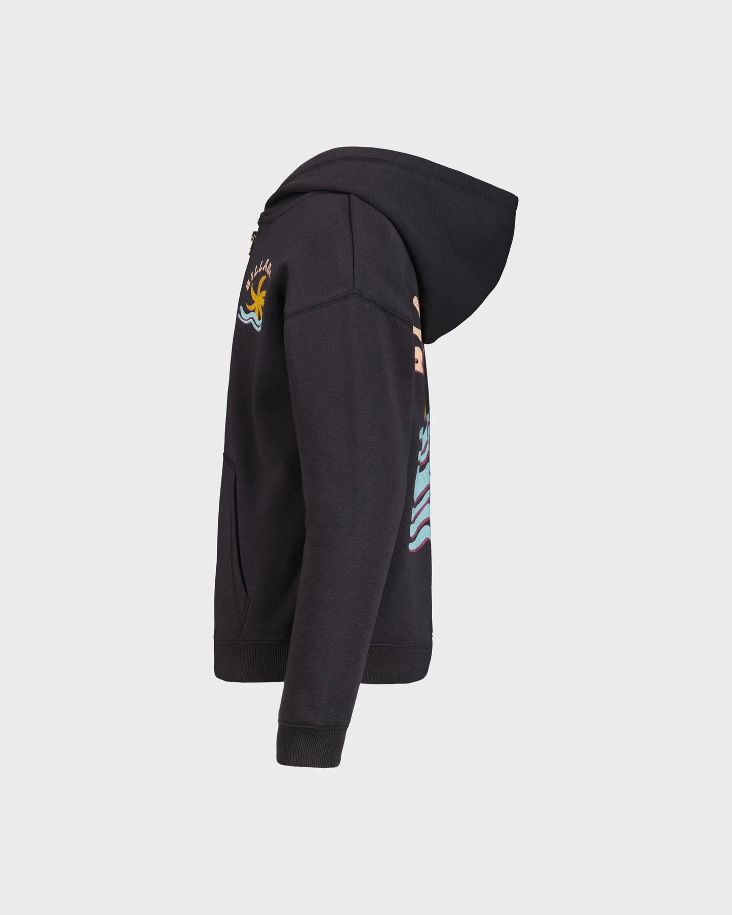 Veste - Billabong noire en molleton avec capuche, imprimés colorés sur le côté, vue de profil.