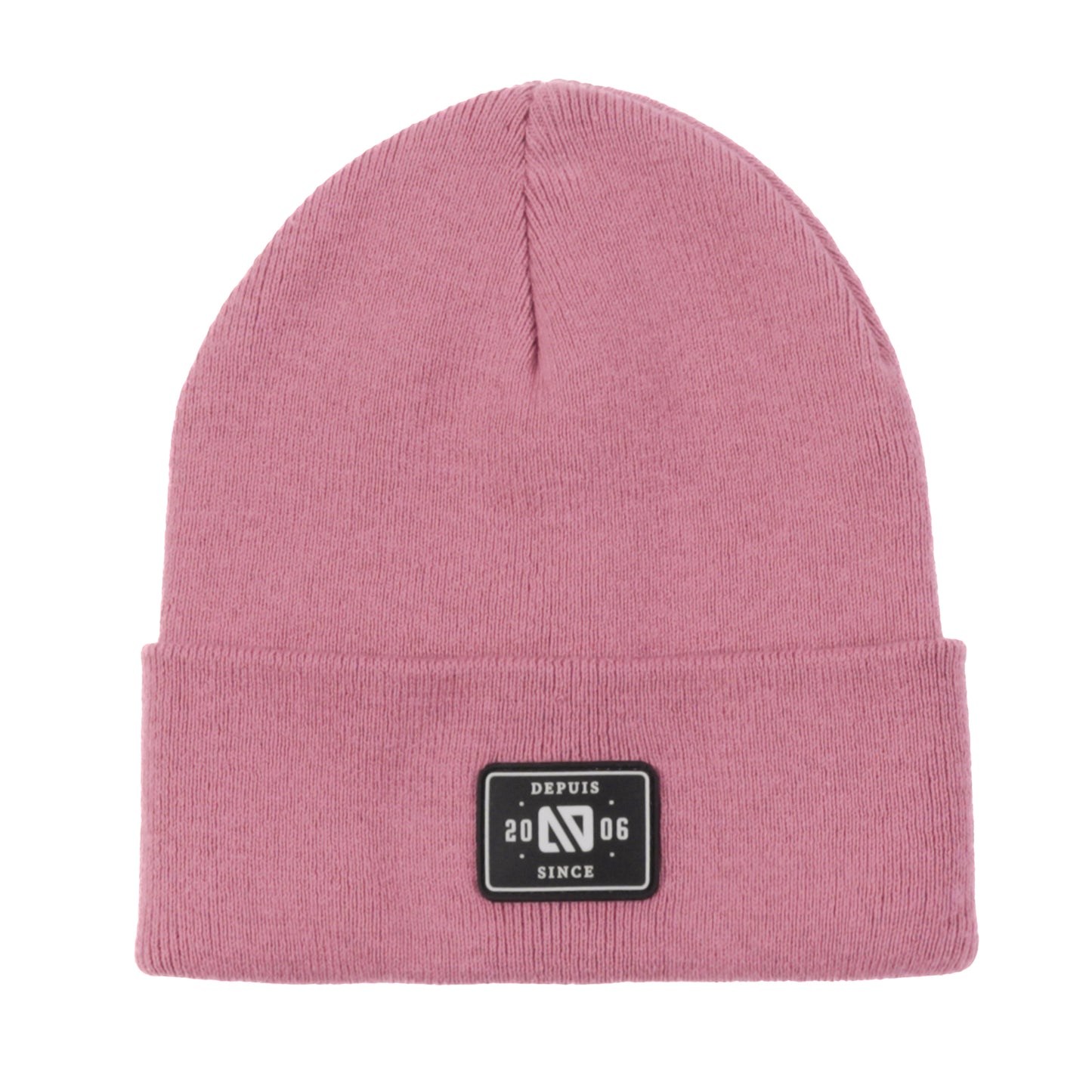 Tuque Mi-Saison - Nanö rose en tricot doux double épaisseur avec écusson noir, vue de face, unisexe adulte.