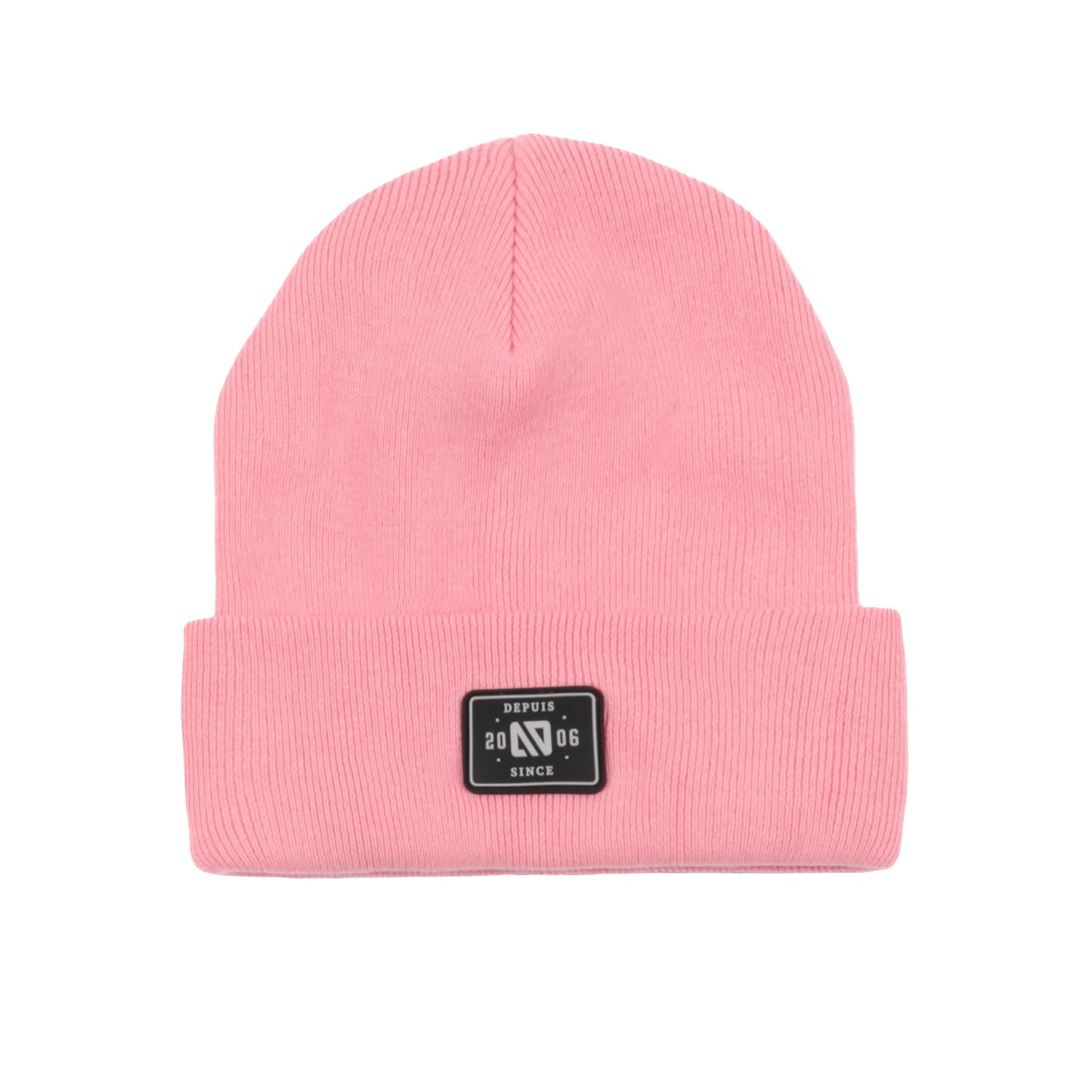 Tuque Mi-Saison - Nanö rose uni en tricot doux double épaisseur avec écusson noir, vue de face, unisexe enfant.