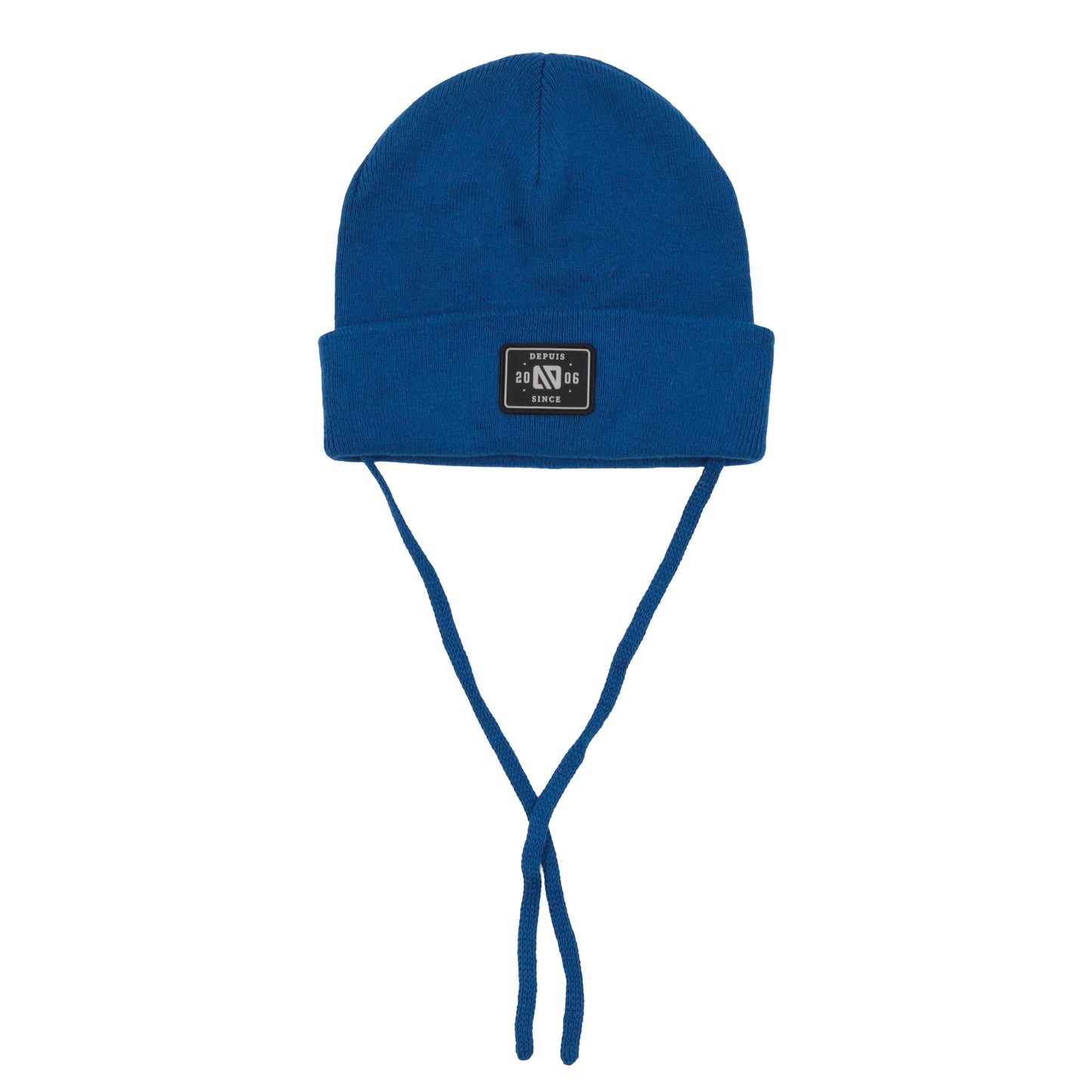 Tuque Mi-Saison - Nanö bleu roi en coton pour enfant, modèle à liens, vue de face sur fond blanc.