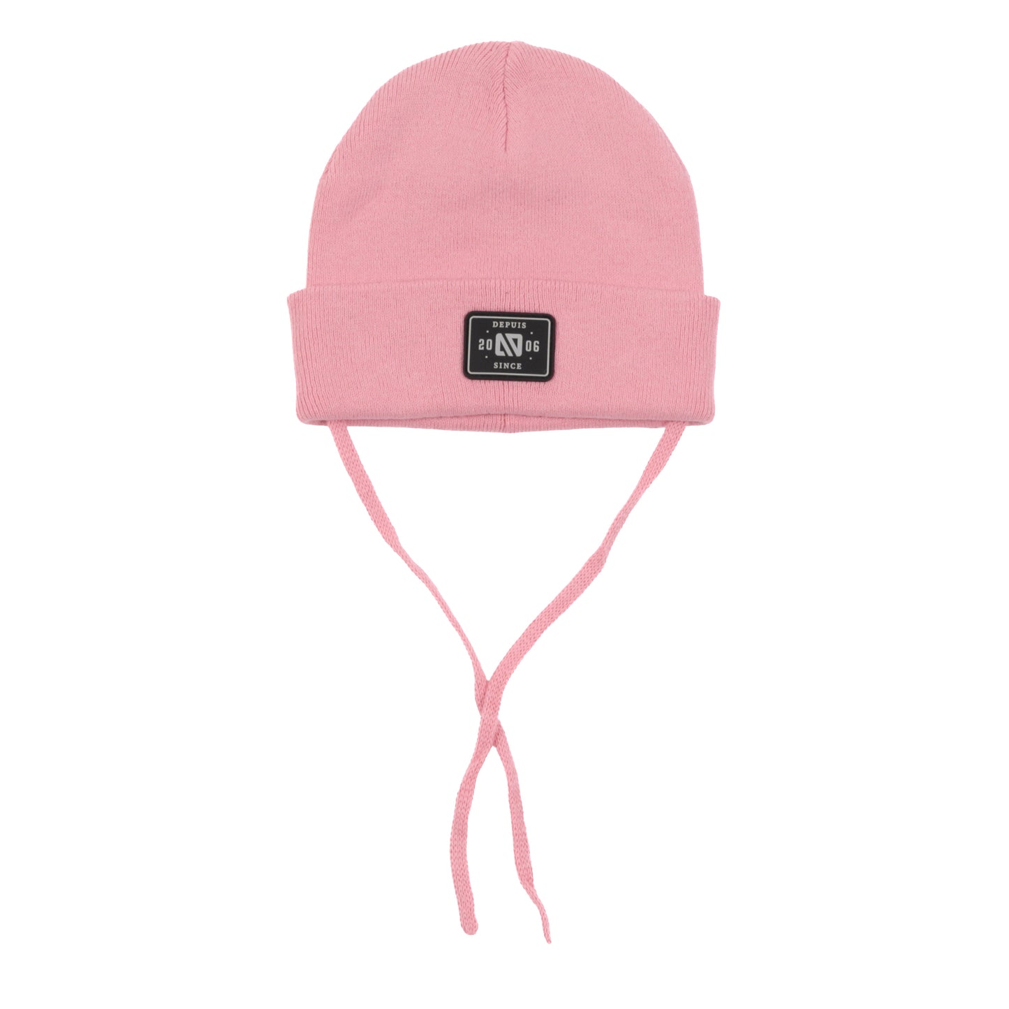 Tuque Mi-Saison - Nanö rose pour enfant en coton avec liens, vue de face, style classique et étiquette noire frontale