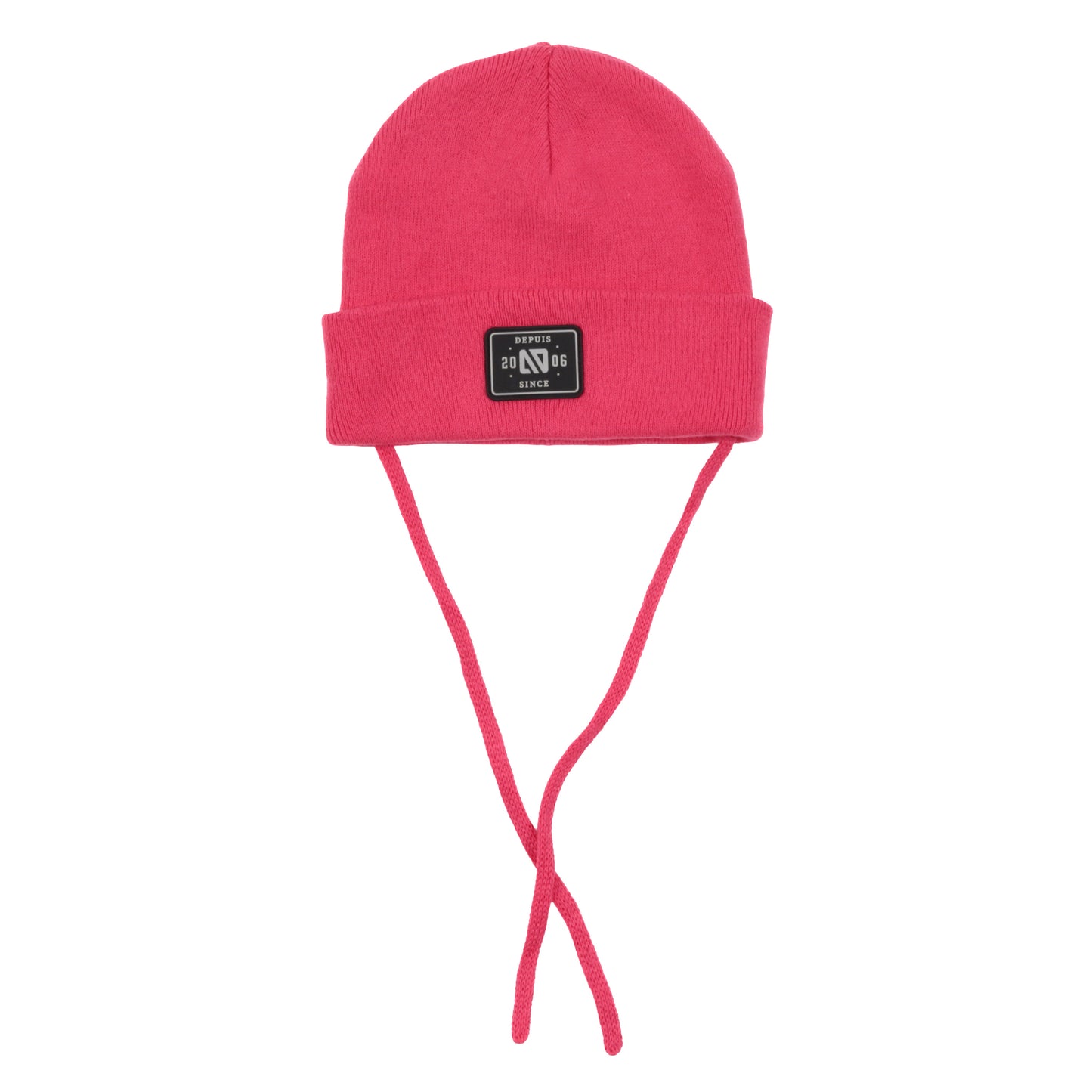 Tuque Mi-Saison - Nanö rose en coton avec cordons pour enfant, vue de face avec logo noir sur le devant.