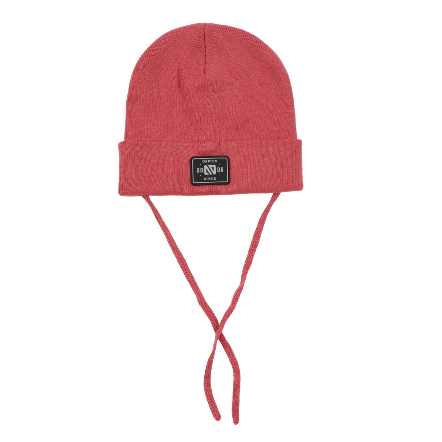 Tuque Mi-Saison - Nanö en coton rouge avec cordons et logo carré noir, style mi-saison, vue de face, pour enfant