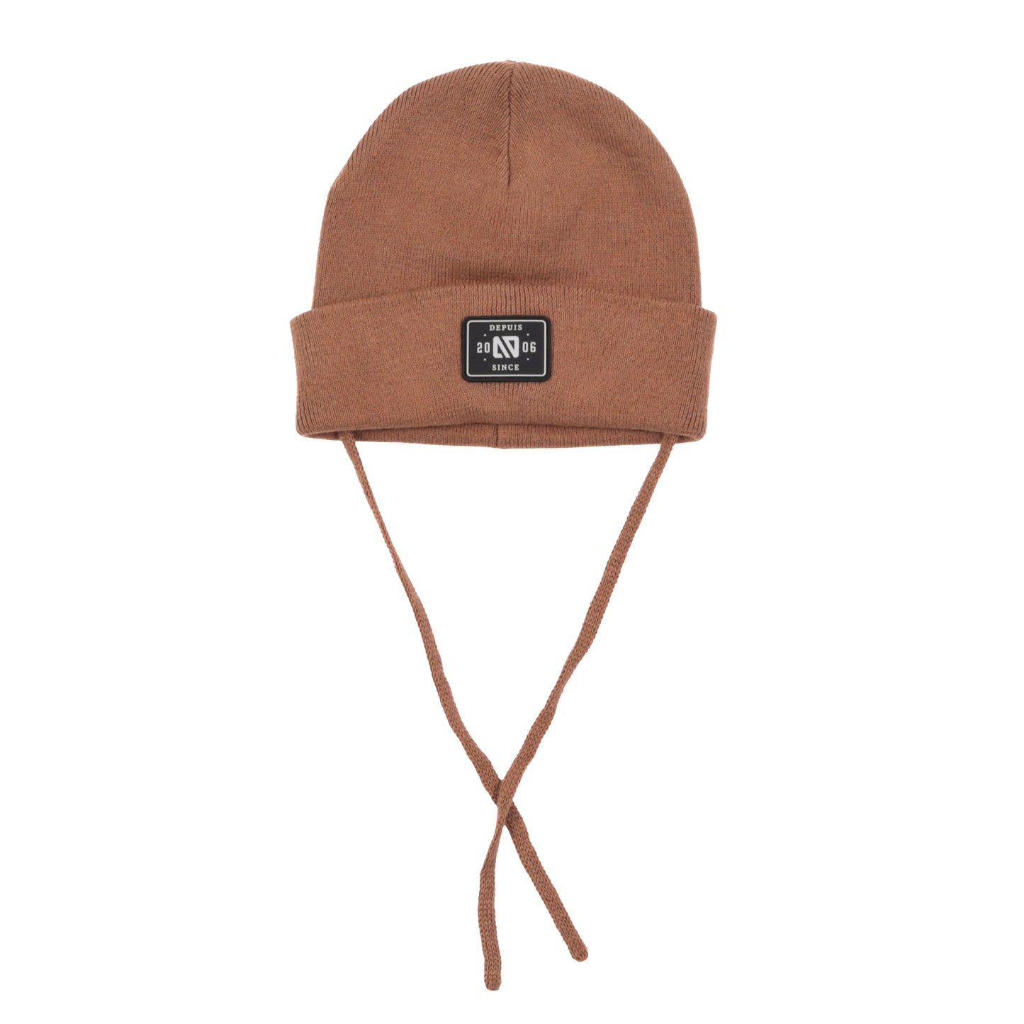 Tuque Mi-Saison - Nanö en coton marron clair avec cordons, style simple pour enfant, vue de face avec logo central.