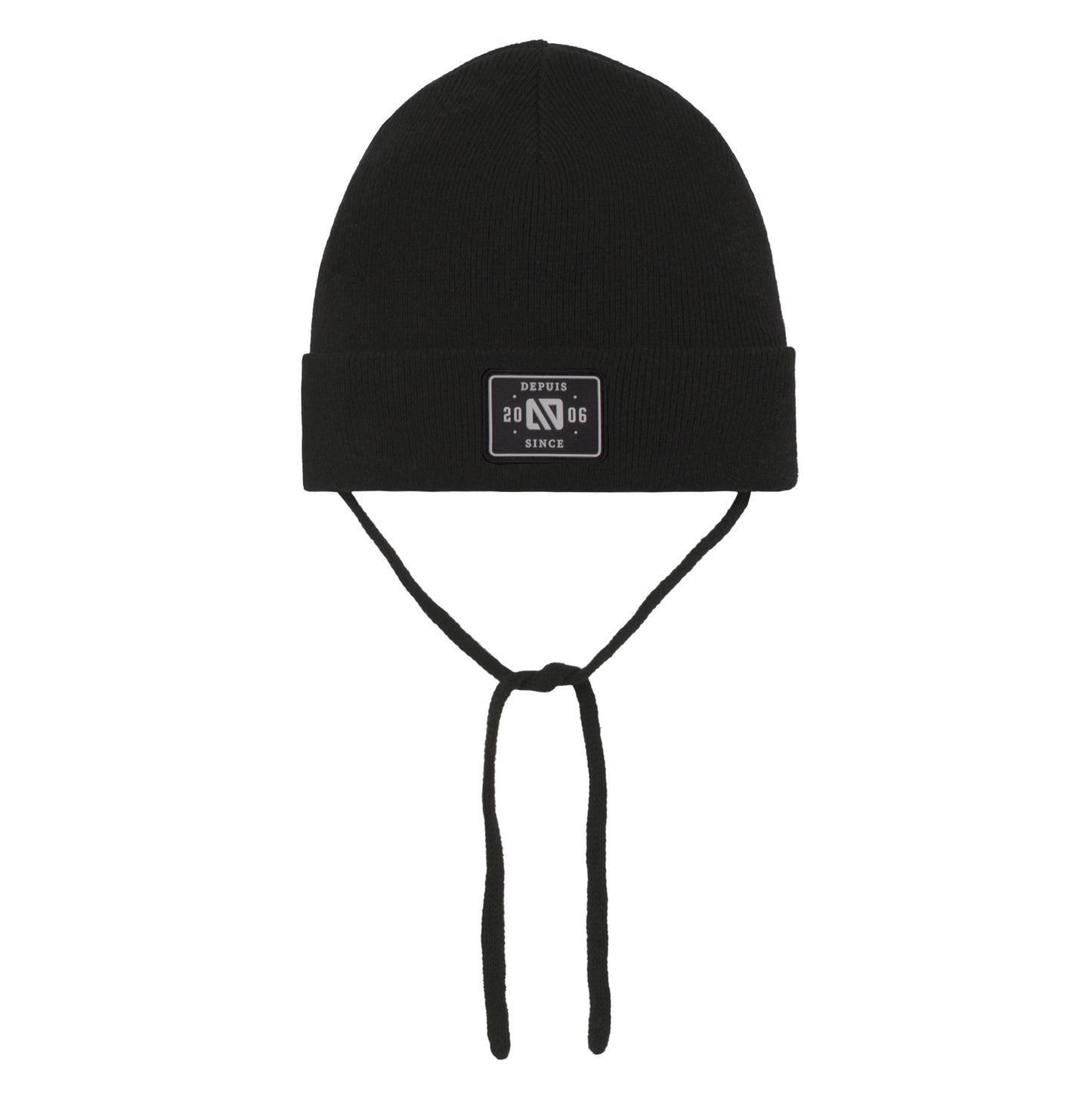 Tuque Mi-Saison - Nanö noire en tricot avec cordons de serrage, patch logo devant, pour enfant, vue de face.