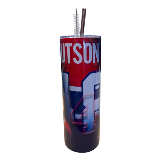 Bouteille isotherme - Hutson rouge et bleue avec paille et goupillon vue de face