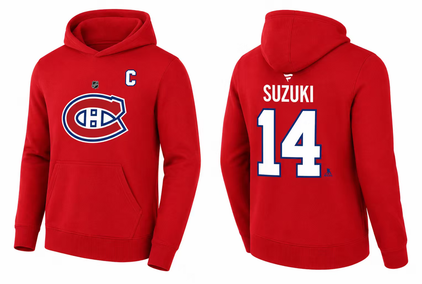 Hoodie Canadiens - Suzuki rouge en coton, avec capuche, logo de l’équipe et numéro 14, style sportif, vue de face et dos.