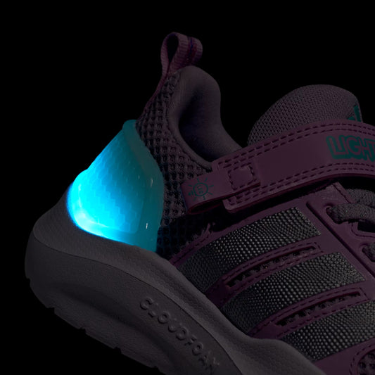 Espadrilles Lightorama Rnr El - Adidas bébé violet et noir avec effet lumineux bleu, détail talon et vue latérale