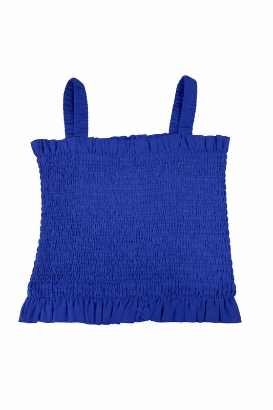 Camisole - Guess bleu électrique en tissu froncé avec bretelles larges, style simple, vue de face.