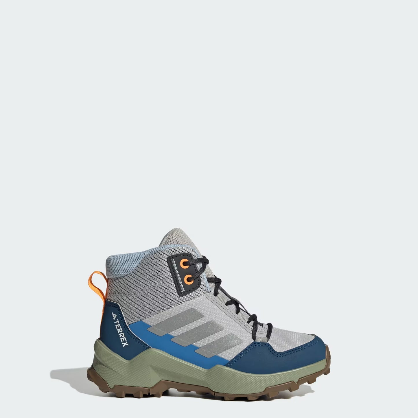 Bottillons Mi-Saison - Adidas gris clair et bleu marine en textile et cuir, détails orange, vue latérale droite