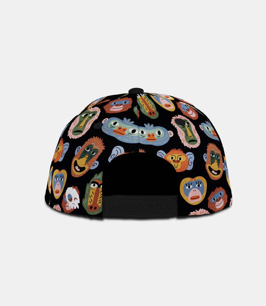 Casquette - Headster noire avec motifs colorés de visages de singes, vue de dos, textile souple, taille enfant.
