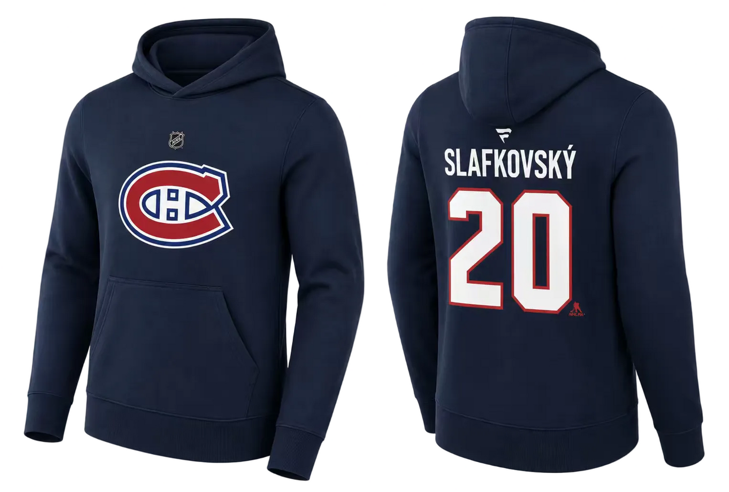 Hoodie Canadiens - Slafkovsky bleu marine en coton avec logo Canadiens sur le devant et nom Slafkovsky avec numéro 20 au dos, vue de face et dos.