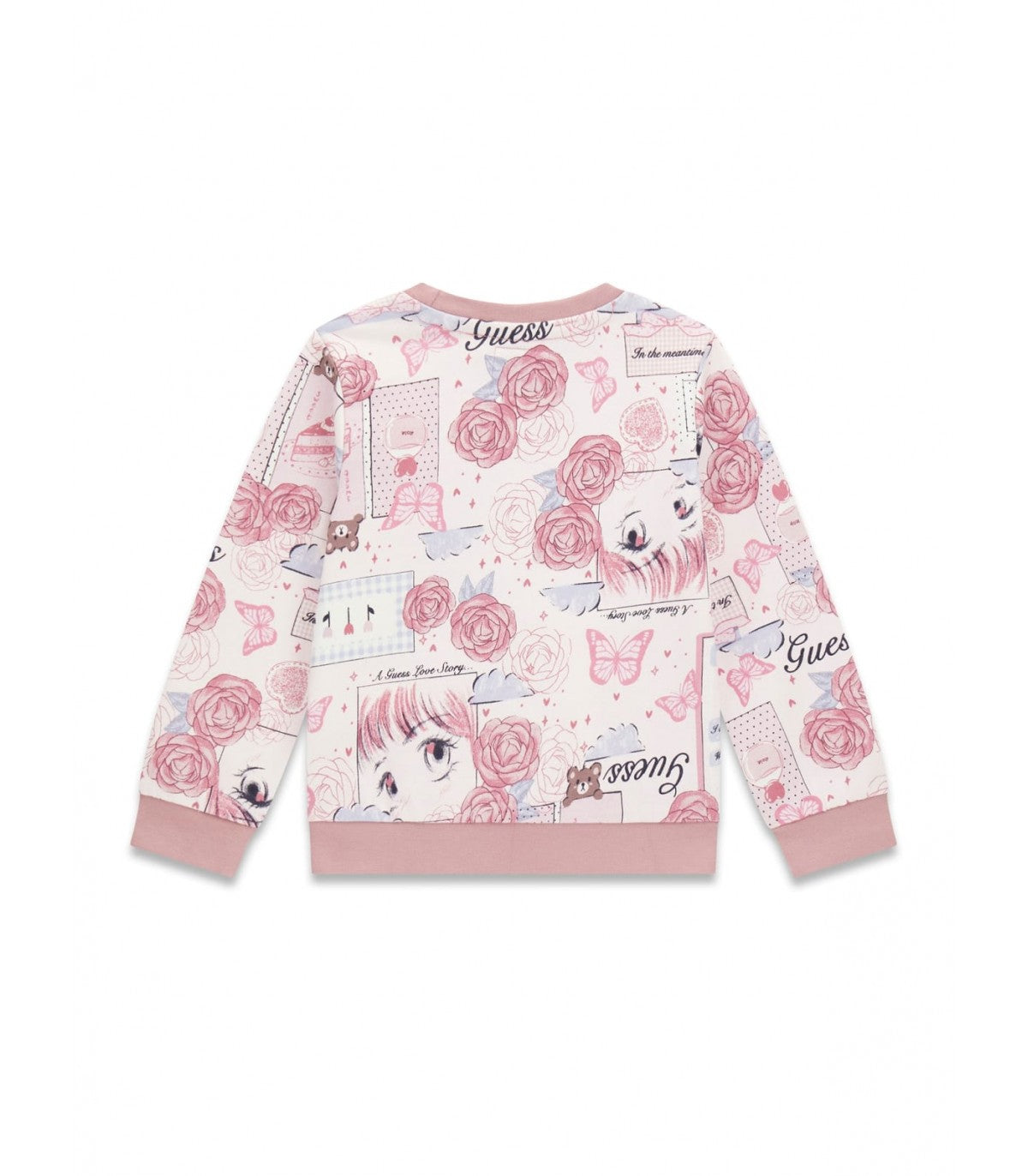 Chandail - Guess pour enfant avec imprimé floral rose, papillons et visages stylisés, manches longues, en coton, vue de dos.