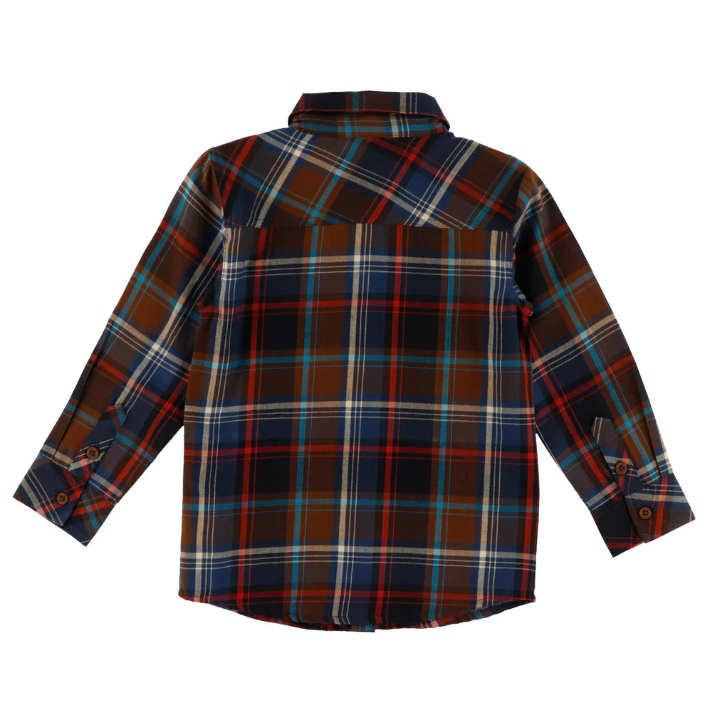 Chemise - Nanö à manches longues pour enfant, motif à carreaux marron, bleu marine, rouge et blanc, vue de dos.