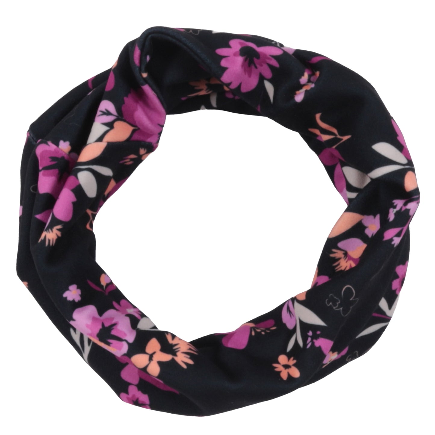 Cache-Cou d'hiver - Nanö en tissu noir avec motifs floraux roses et pêche, style tour de cou, vue de dessus.