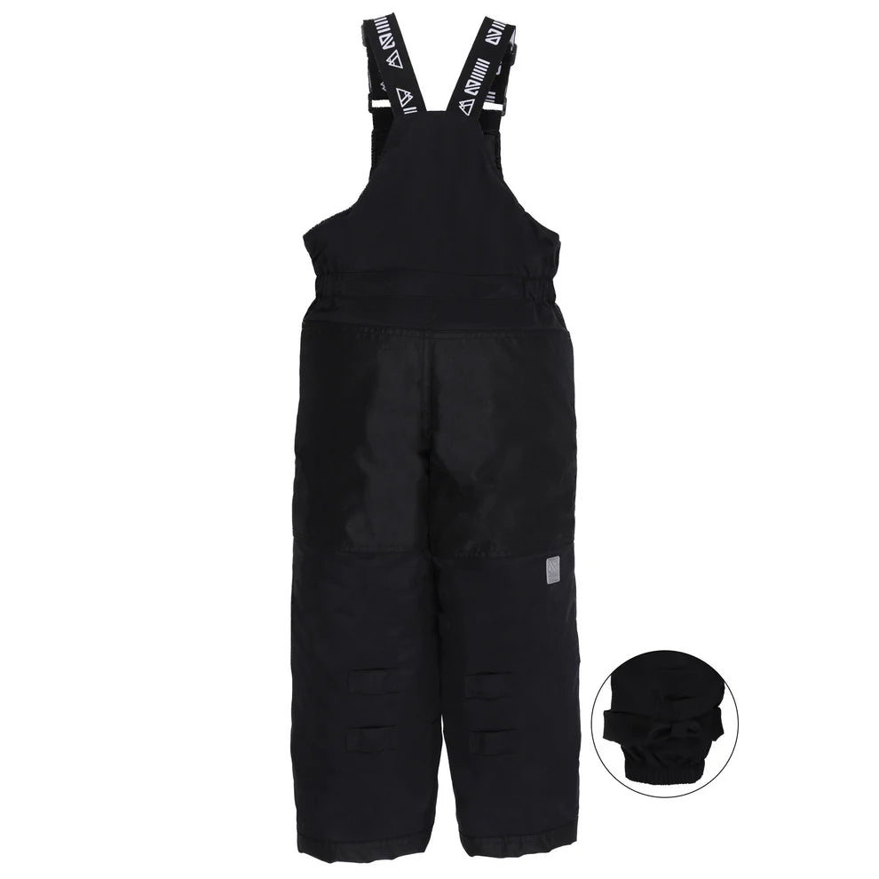 Habit de neige Simon - Nanö noir avec bretelles réglables, isolant chaud pour enfant, vue de face avec détail de la manchette ajustable.