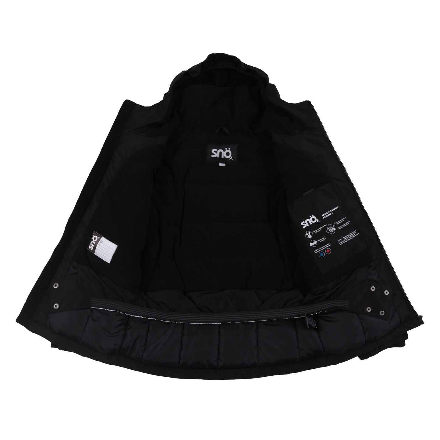 Manteau d'hiver - Snö noir ouvert montrant la doublure matelassée, intérieur avec poches et étiquette de taille, vue de face intérieure.