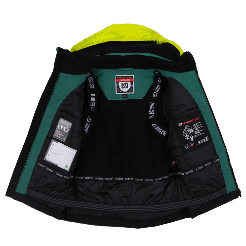 Habit de neige performance Mikael - Nanö ouvert montrant l’intérieur isolé noir et vert avec capuche jaune, vue de face, pour enfant.