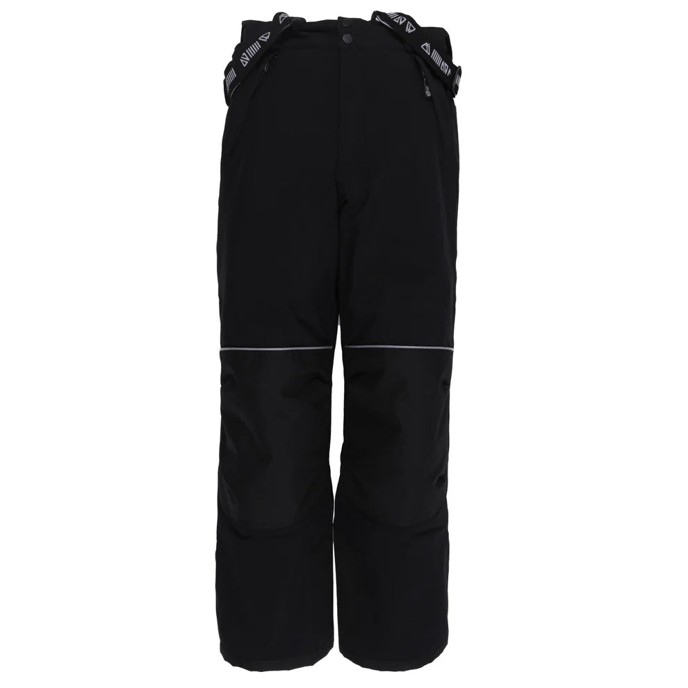 Pantalon de neige noir avec renforts aux genoux et bretelles ajustables, pour enfant, style fonctionnel, vue de face, Habit de neige Tiffany - Nanö.
